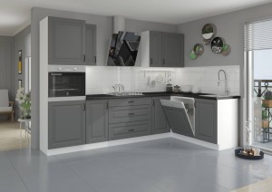 Meble kuchenne narożne z blatem Stilo Dust Grey/biały 2,85m na 1,7m