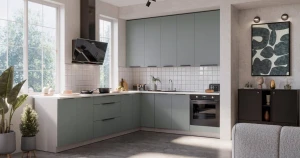 Zestaw mebli kuchennych Aria aquamarine/biały 290x230 cm