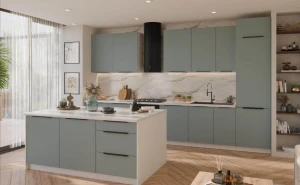Zestaw mebli kuchennych 330cm z wyspą 184x90cm Aria aquamarine/biały z blatem