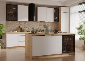 Zestaw mebli kuchennych 390cm z wyspą 184x90cm Aria biały/artisan z blatem