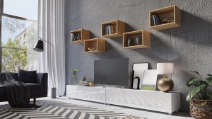 Meblościanka Calabrini 32 biały połysk/dąb złoty